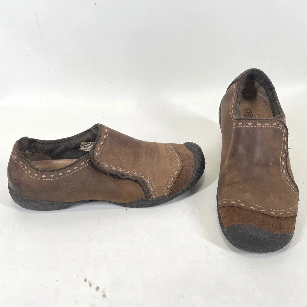 Keen Presidio Brown Leather Suede Slip On Shoes Womens 8.5 Contrast Stitching